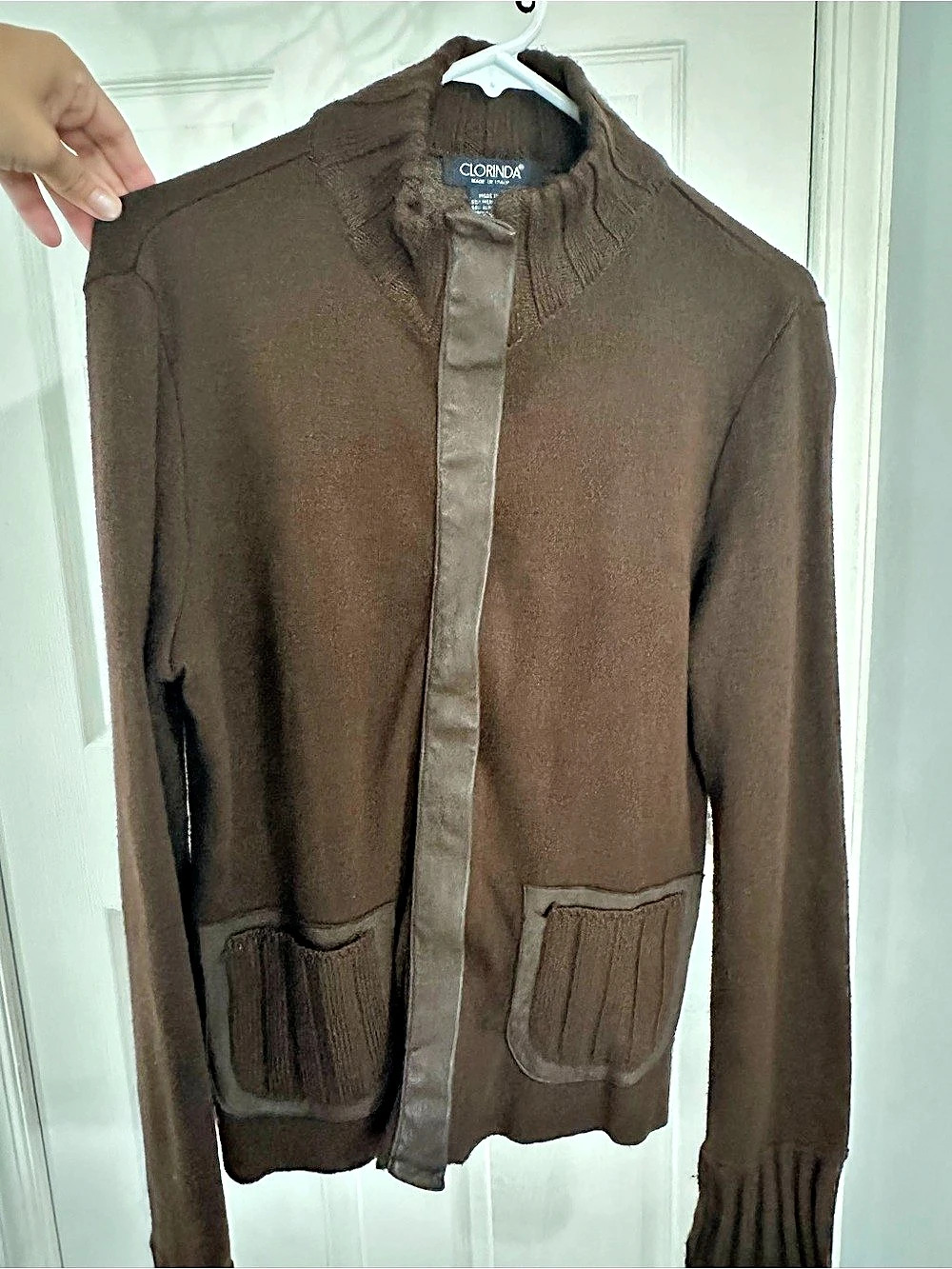 Clorinda Brown Wool Leather-Trim Zip Cardigan